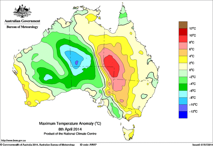 Daily maximum temperature anomaly for Australia