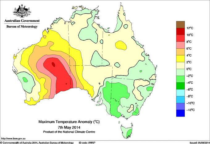 Daily maximum temperature anomaly for Australia