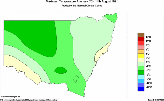 Daily maximum temperature anomaly for New South Wales/ACT