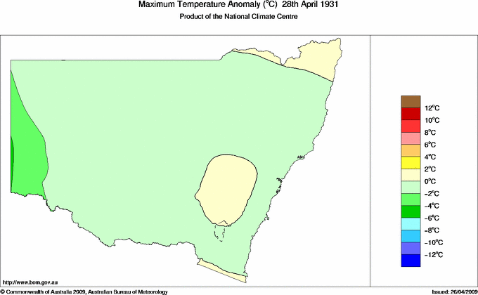 Daily maximum temperature anomaly for New South Wales/ACT