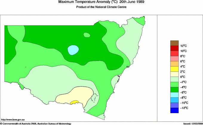 Daily maximum temperature anomaly for New South Wales/ACT