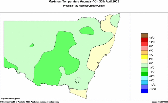 Daily maximum temperature anomaly for New South Wales/ACT