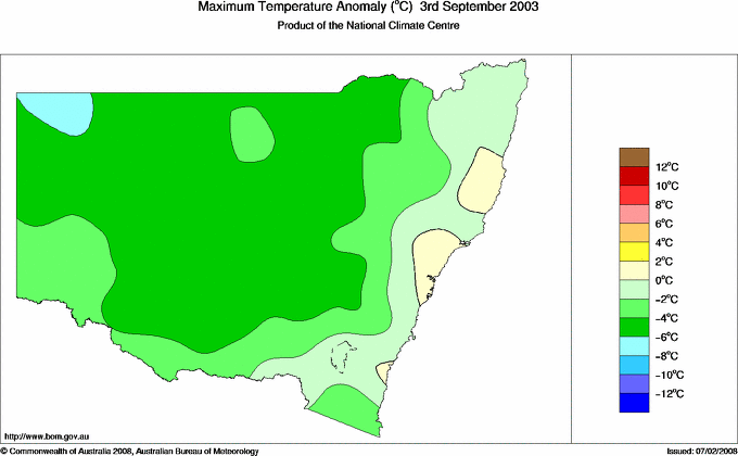 Daily maximum temperature anomaly for New South Wales/ACT