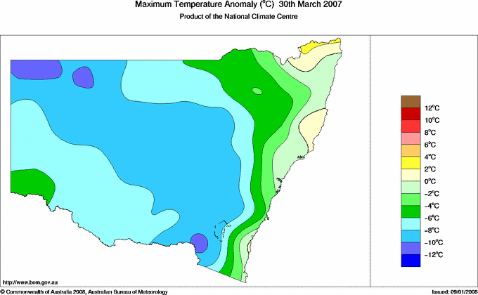 Daily maximum temperature anomaly for New South Wales/ACT