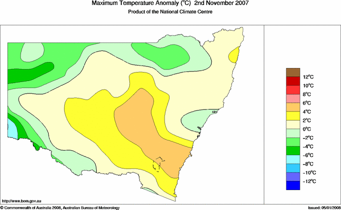 Daily maximum temperature anomaly for New South Wales/ACT