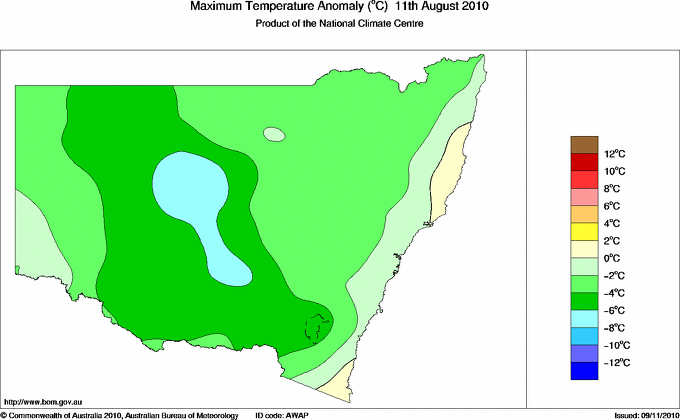 Daily maximum temperature anomaly for New South Wales/ACT
