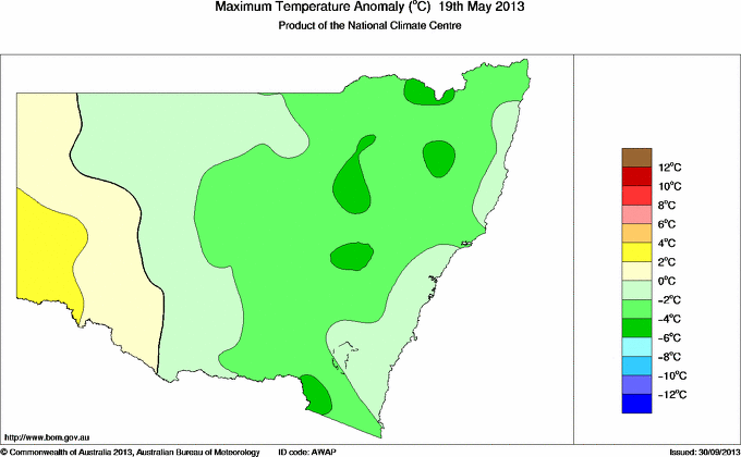 Daily maximum temperature anomaly for New South Wales/ACT