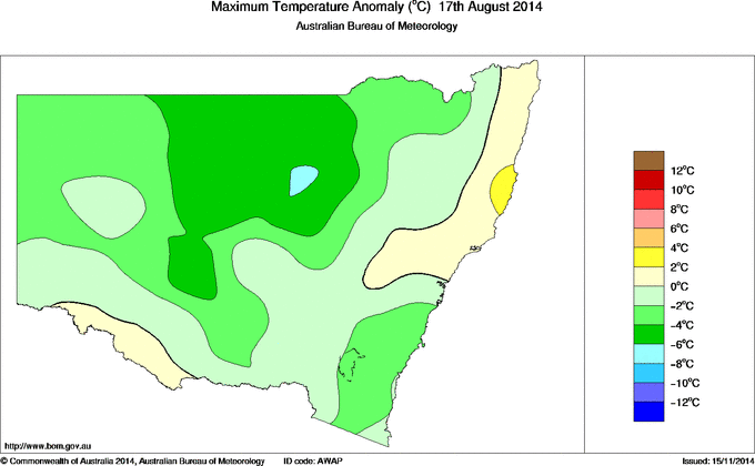 Daily maximum temperature anomaly for New South Wales/ACT
