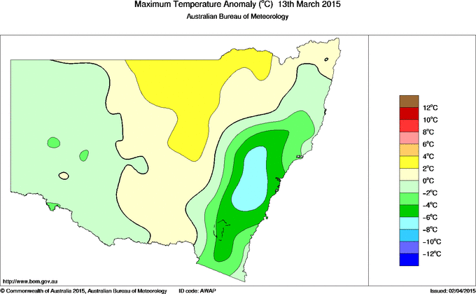 Daily maximum temperature anomaly for New South Wales/ACT