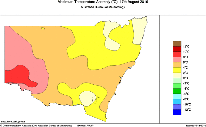 Daily maximum temperature anomaly for New South Wales/ACT