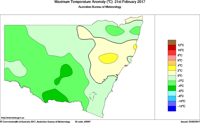 Daily maximum temperature anomaly for New South Wales/ACT