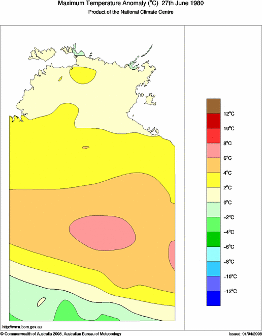 Daily maximum temperature anomaly for Northern Territory
