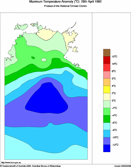 Daily maximum temperature anomaly for Northern Territory