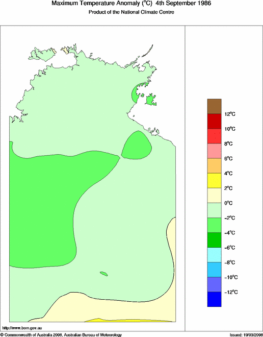 Daily maximum temperature anomaly for Northern Territory