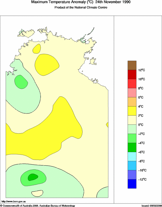 Daily maximum temperature anomaly for Northern Territory