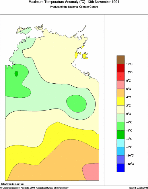 Daily maximum temperature anomaly for Northern Territory