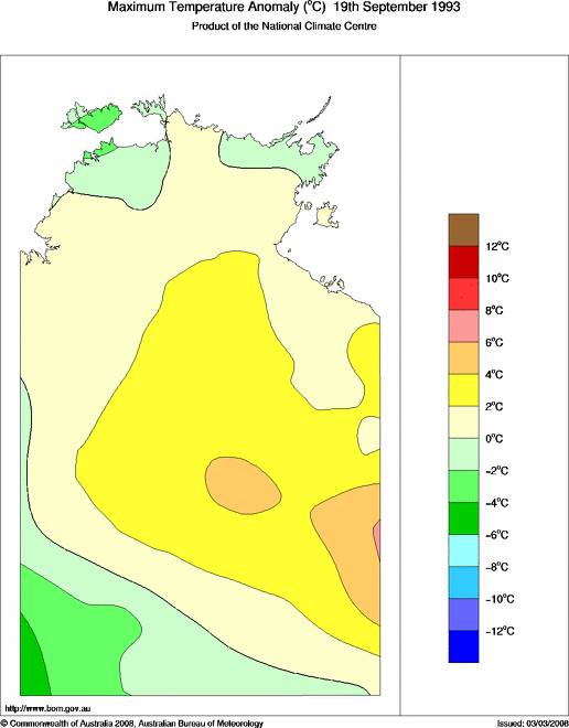 Daily maximum temperature anomaly for Northern Territory