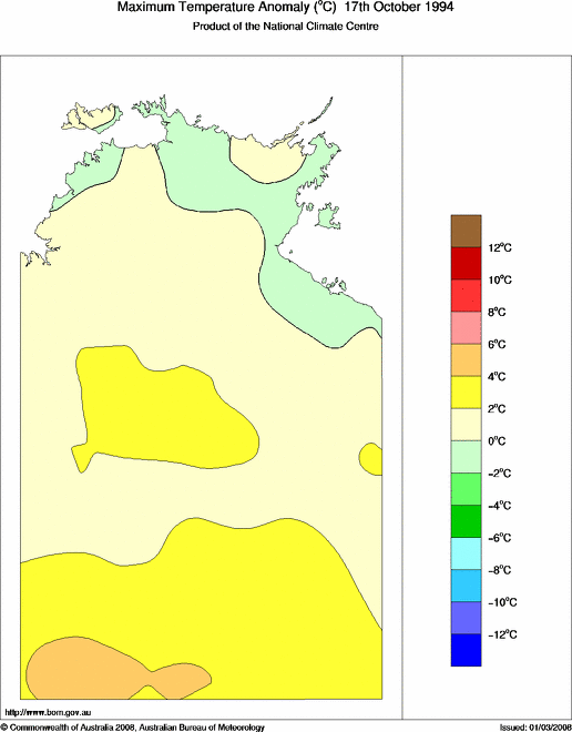 Daily maximum temperature anomaly for Northern Territory