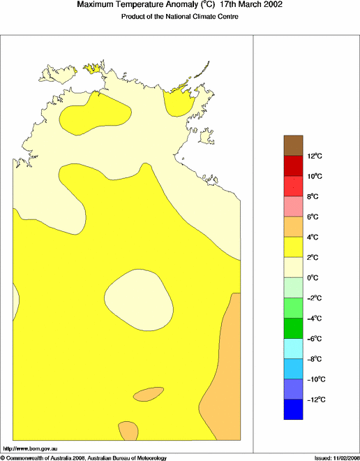 Daily maximum temperature anomaly for Northern Territory