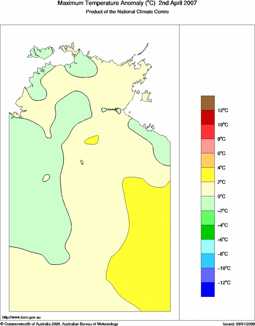 Daily maximum temperature anomaly for Northern Territory