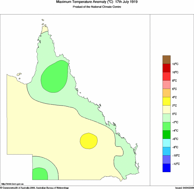 Daily maximum temperature anomaly for Queensland