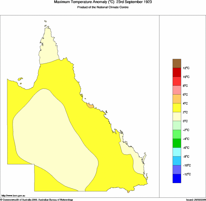 Daily maximum temperature anomaly for Queensland