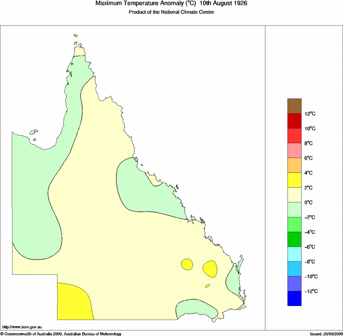 Daily maximum temperature anomaly for Queensland