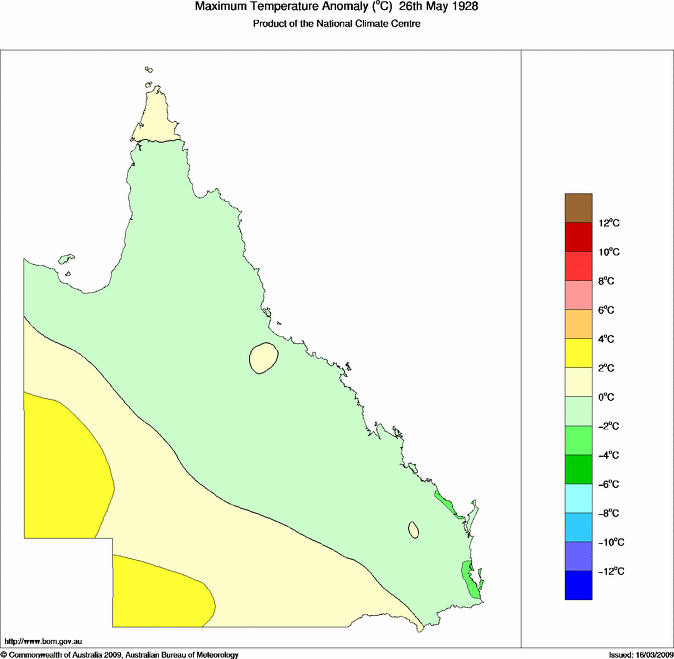 Daily maximum temperature anomaly for Queensland