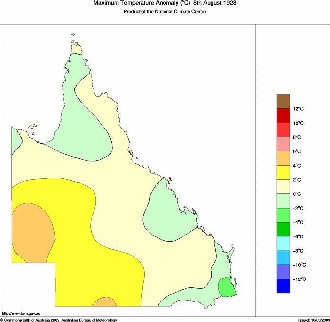 Daily maximum temperature anomaly for Queensland