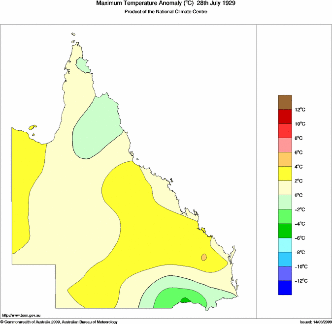 Daily maximum temperature anomaly for Queensland