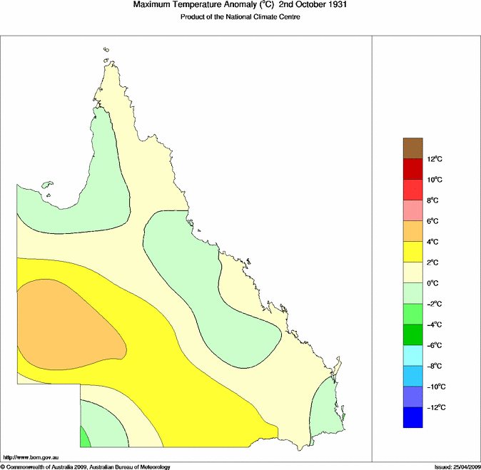 Daily maximum temperature anomaly for Queensland