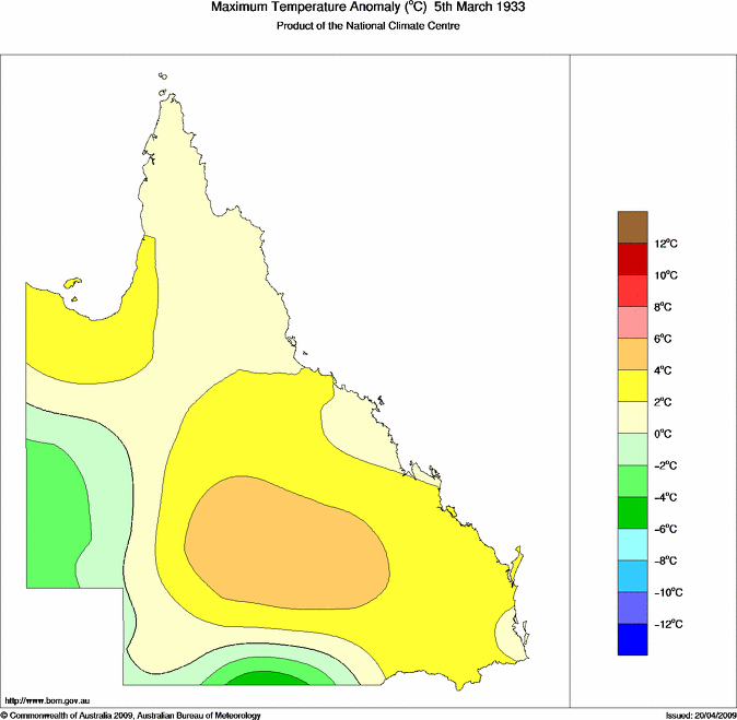 Daily maximum temperature anomaly for Queensland