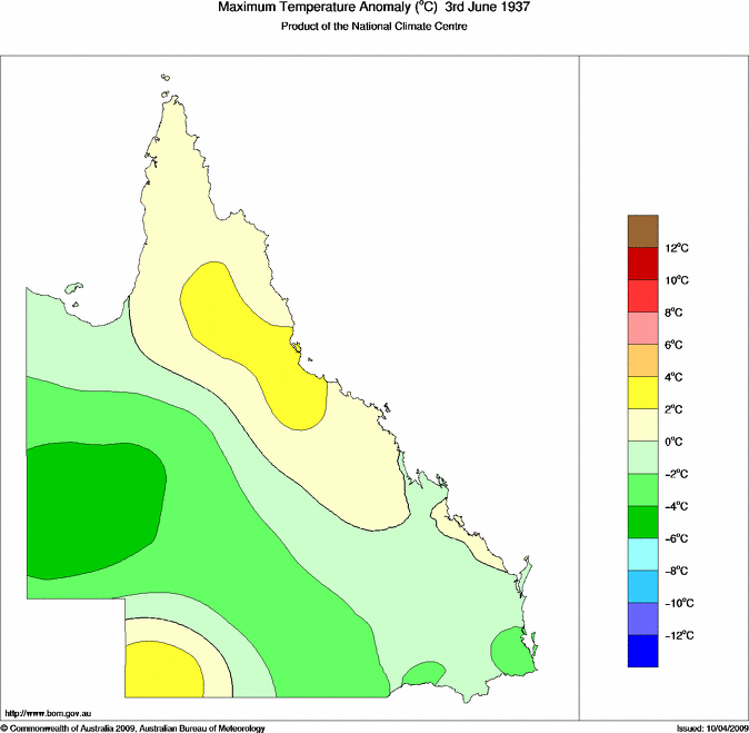 Daily maximum temperature anomaly for Queensland