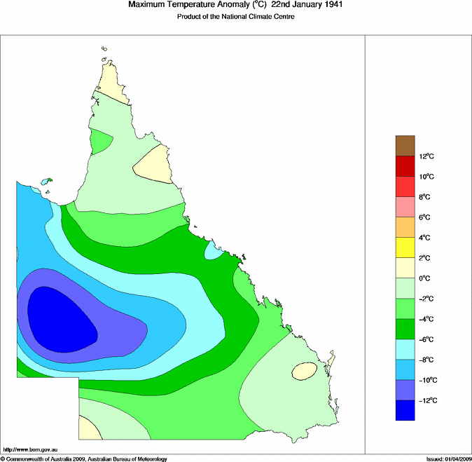 Daily maximum temperature anomaly for Queensland