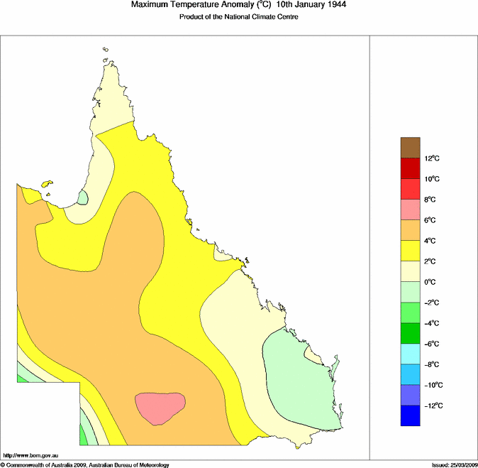 Daily maximum temperature anomaly for Queensland