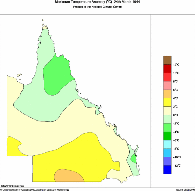 Daily maximum temperature anomaly for Queensland