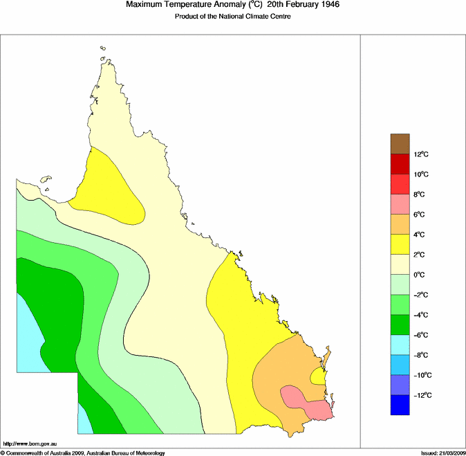 Daily maximum temperature anomaly for Queensland