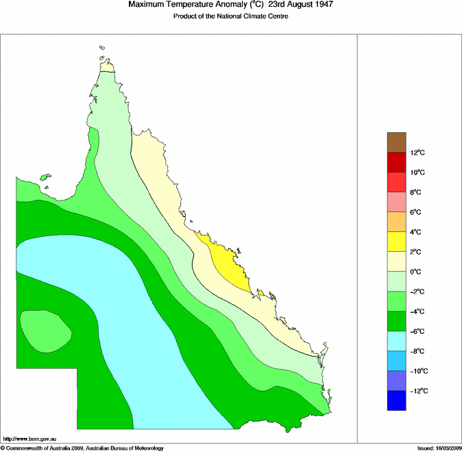 Daily maximum temperature anomaly for Queensland