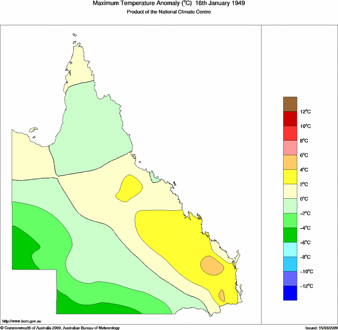 Daily maximum temperature anomaly for Queensland