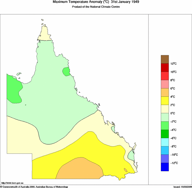 Daily maximum temperature anomaly for Queensland