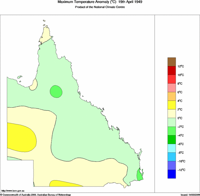 Daily maximum temperature anomaly for Queensland