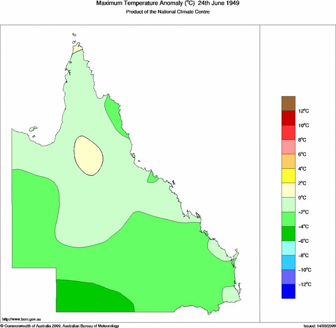Daily maximum temperature anomaly for Queensland