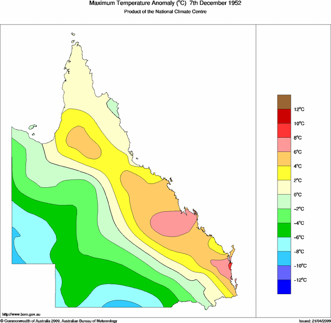 Daily maximum temperature anomaly for Queensland