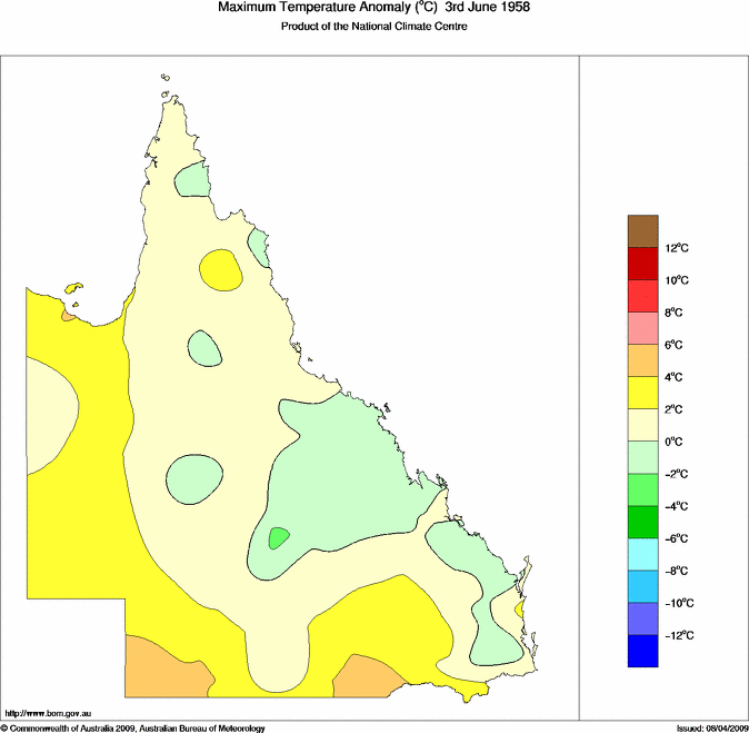 Daily maximum temperature anomaly for Queensland