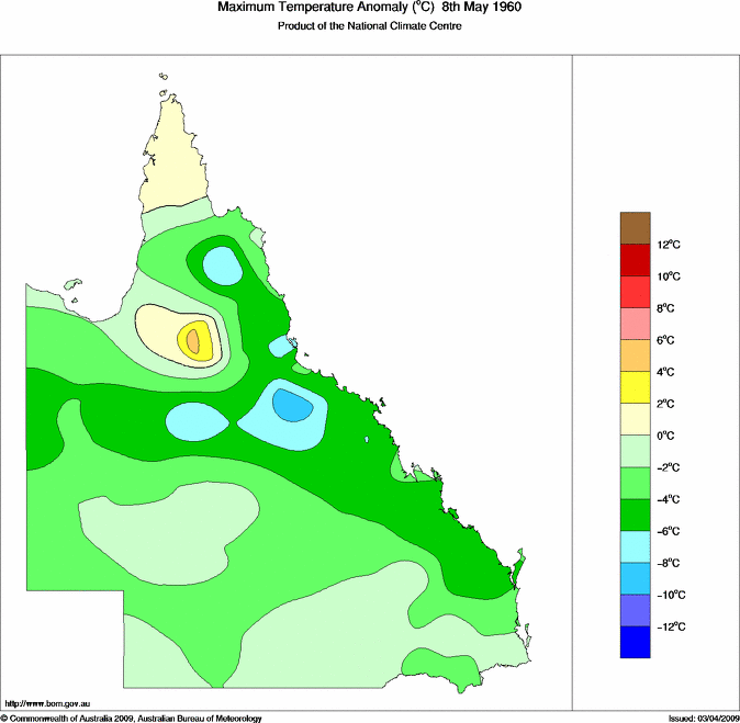 Daily maximum temperature anomaly for Queensland