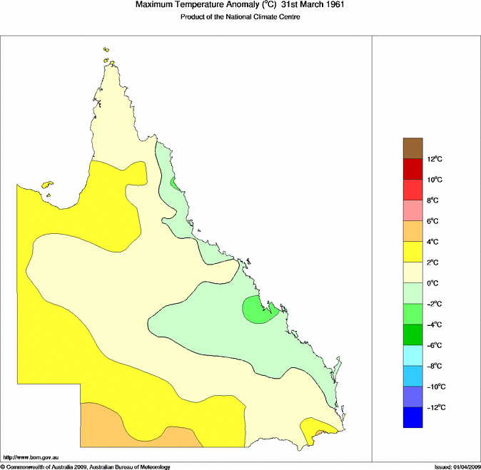 Daily maximum temperature anomaly for Queensland
