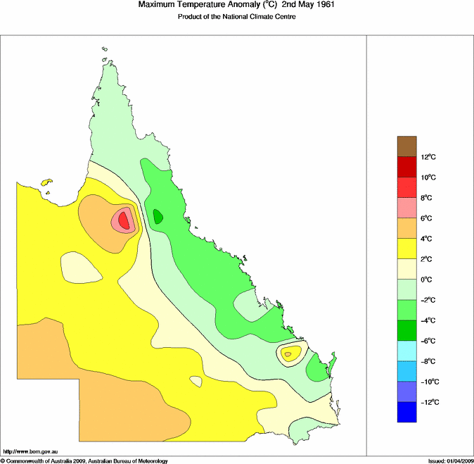 Daily maximum temperature anomaly for Queensland