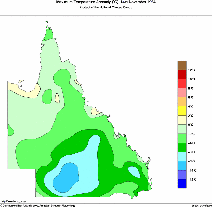 Daily maximum temperature anomaly for Queensland