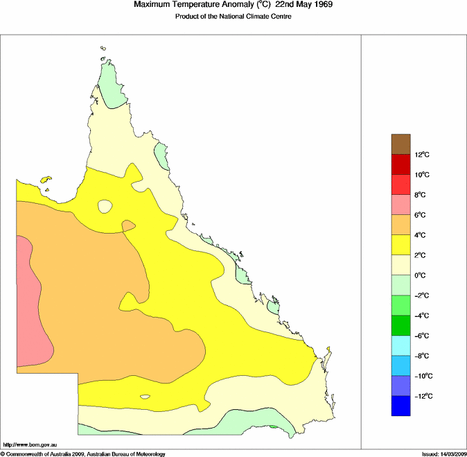 Daily maximum temperature anomaly for Queensland