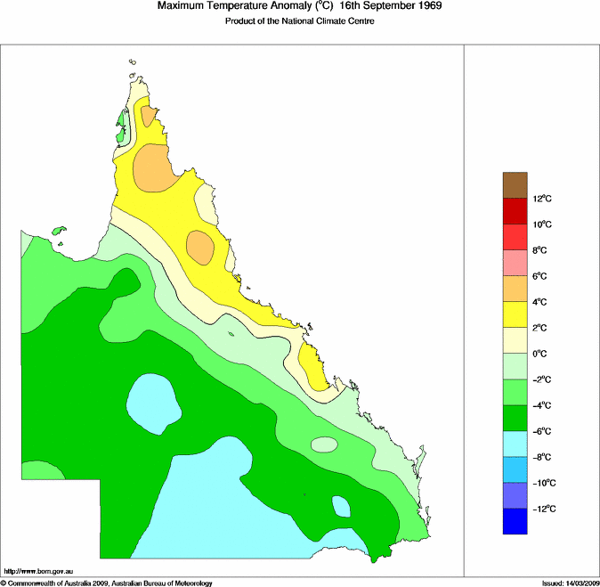 Daily maximum temperature anomaly for Queensland
